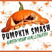 Broken jack-o’-lantern above text that reads: Pumpkin Smash—Green Your Halloween.