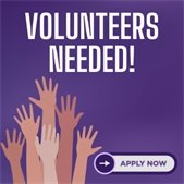 purple graphic with hands raised and text seeking volunteers with an apply now button