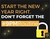 9PM routine graphic with gold padlock and overlay text