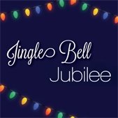 Jingle Bell Jubilee graphic with colorful holiday string lights on a dark blue background