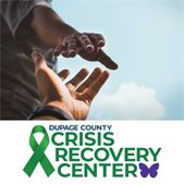 Crisis recovery center logo underneath photo of one hand reaching for another