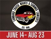 black graphic with cruise nights logo in center and series dates: June 14 - August 23