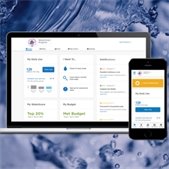 Laptop and smartphone displaying a WaterSmart water usage dashboard against a water-themed background