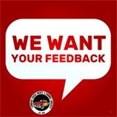 yellow graphic with thought bubble and we want your feedback text within it