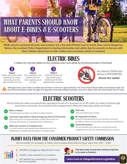 image of flyer with escooter and ebike safety tips for parents to discuss with children