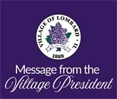 purple graphic with village logo and overlay text message from the village president
