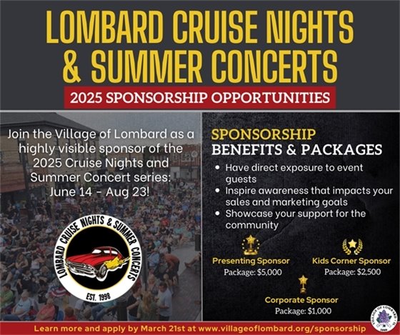 cruise nights and summer concerts promotional graphic with text and photo of attendees sitting outside in chairs