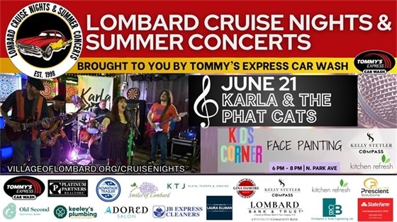 promotional graphic highlighting the band Karla and the Phat Cats, event details and sponsors of the series