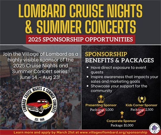 cruise nights and summer concerts promotional graphic with text and photo of attendees sitting outside in chairs