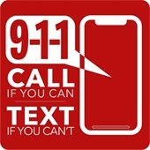 red graphic with outline of smart phone and message with 911 - call if you can, text if you can't