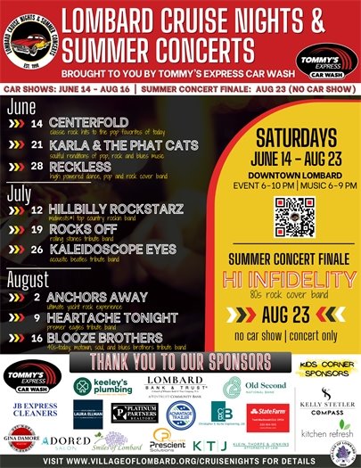 cruise nights and summer concerts promotional graphic with concert lineup and sponsors info