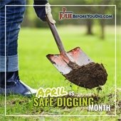 photo of shovel with dirt on it and green grass in background