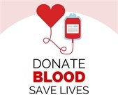 donate blood graphic with heart and blood donation bag and text 