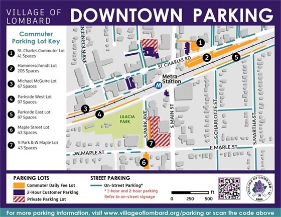 aerial map view depicting all downtown parking lots in downtown 