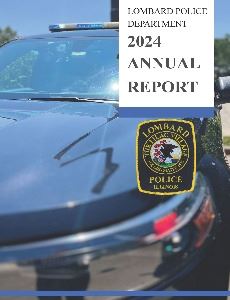 annual report cover with close up photo of black police squad car and lombard police logo