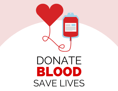 Donate Blood - Save Lives text on graphic with blood donation bag