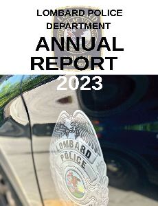 2023 Annual Report Cover Page displaying close up of badge on police squad car