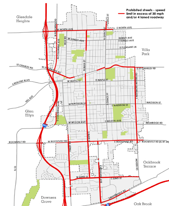 Map depicting prohibited streets for escooter use in Lombard including 4 lane roads and speed limits