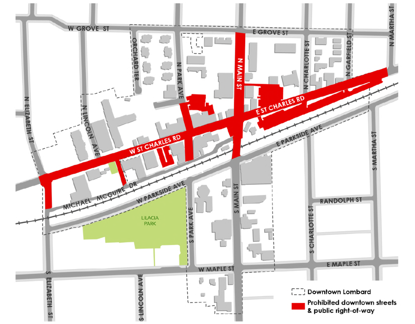 Map depicting prohibited streets for escooter use in downtown Lombard 