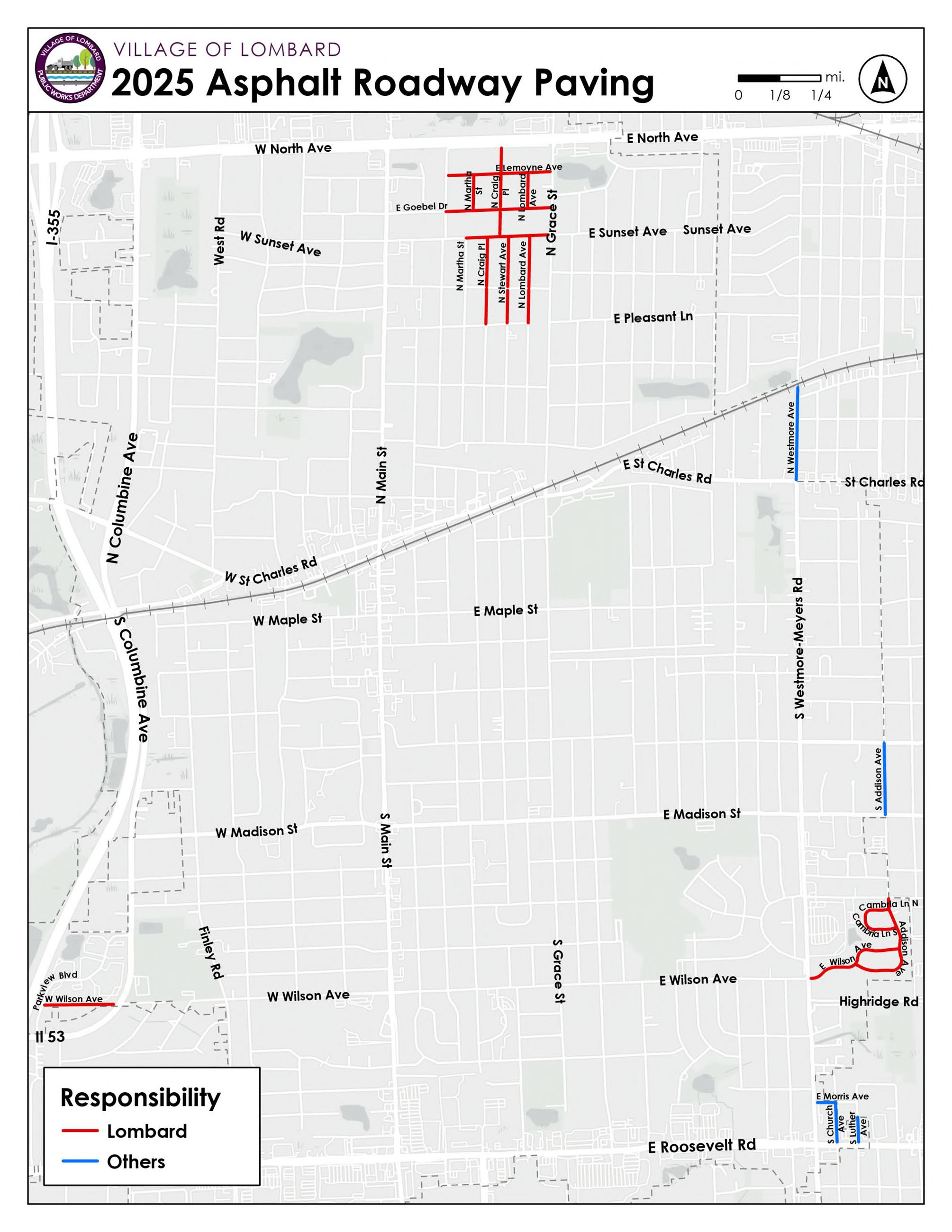 aerial map depicting roads that will be worked on for asphalt roadway paving