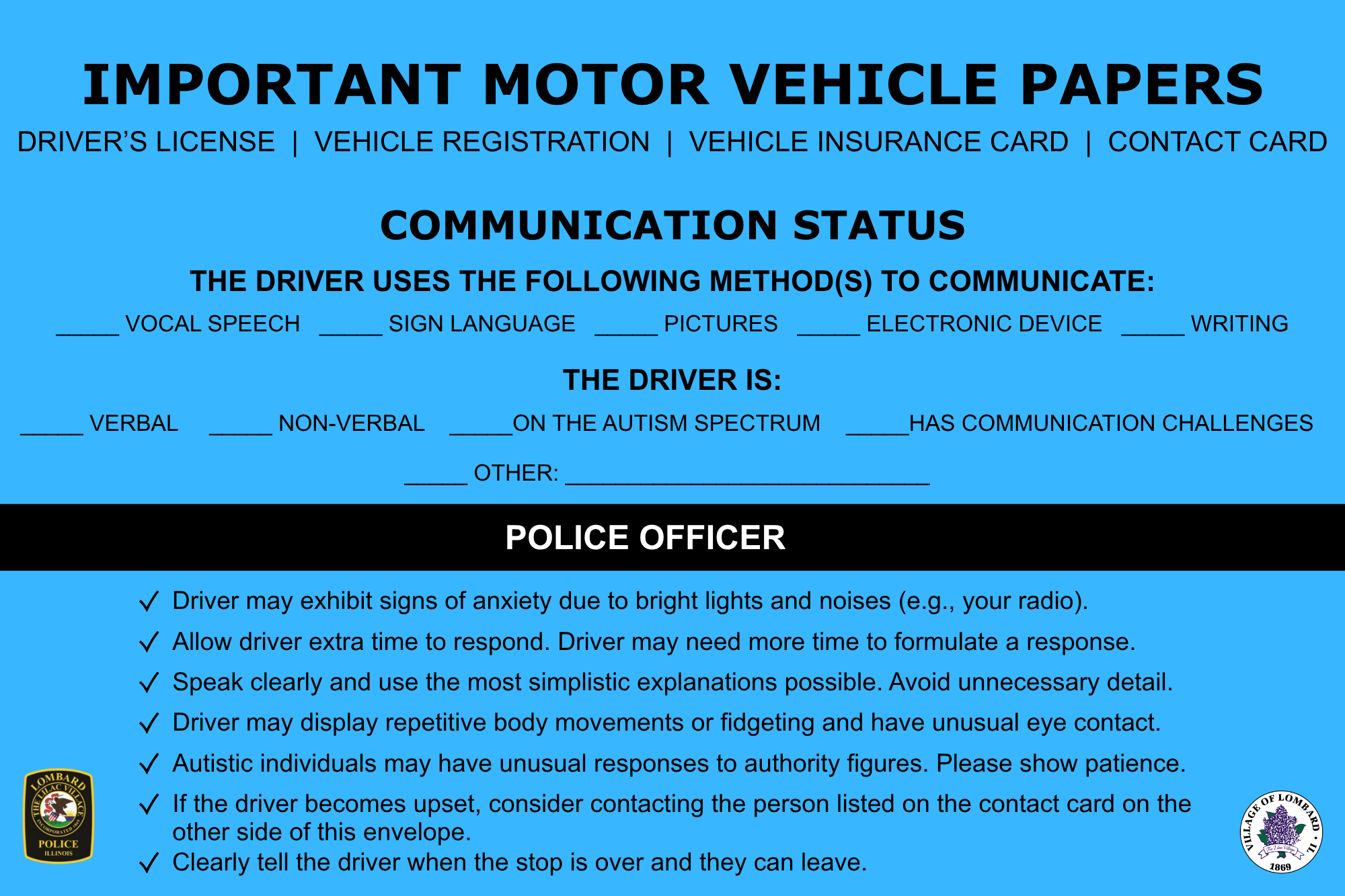 Envelope front design with instructions for drivers with special needs during a traffic stop. 