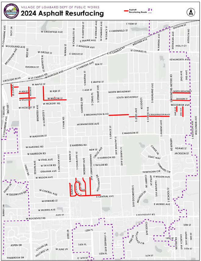 map depicting lombard village streets that will undergo the asphalt resurfacing work