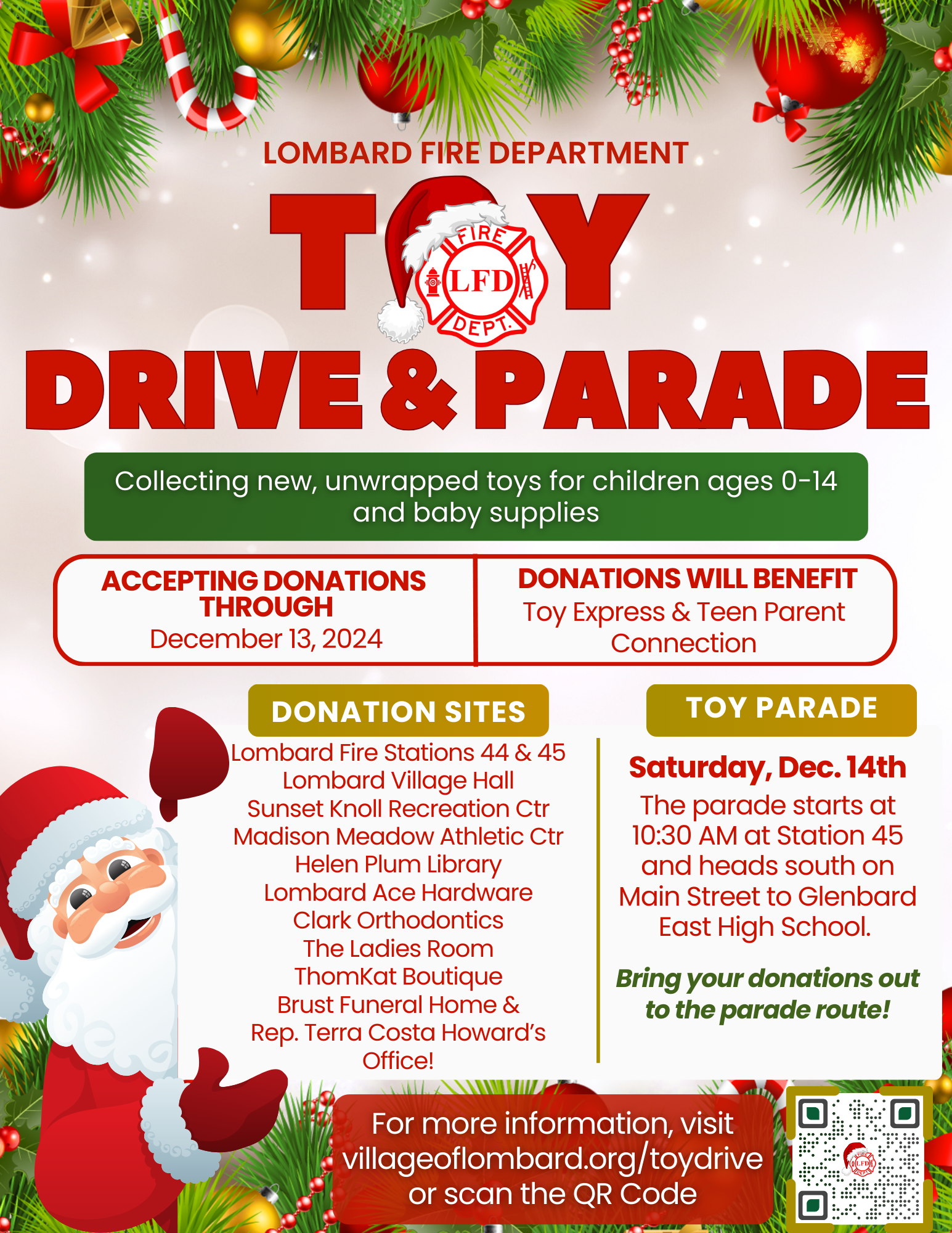 Flyer promoting Lombard Fire Department's Toy Drive